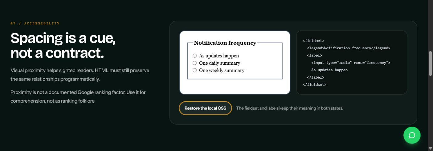 The semantic form demonstration with local CSS removed while the fieldset, legend and radio labels retain their relationships